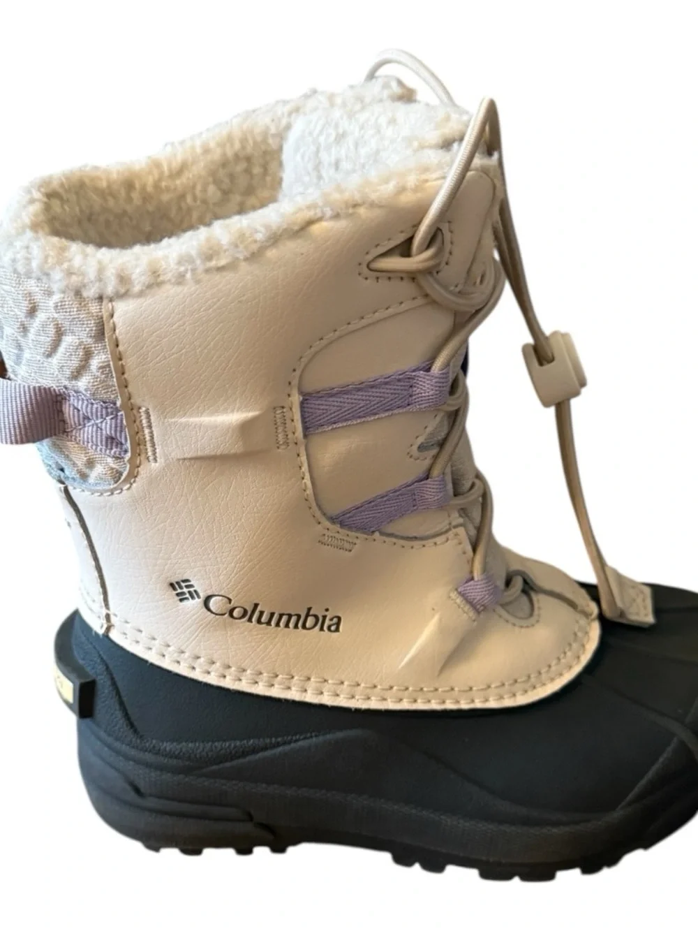 Columbia Kids White and Black Insulated Snow Boots with Lavender Accents